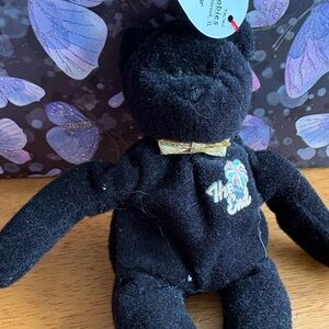 Ty Black Bear with Gold Bow and Embroidered Design